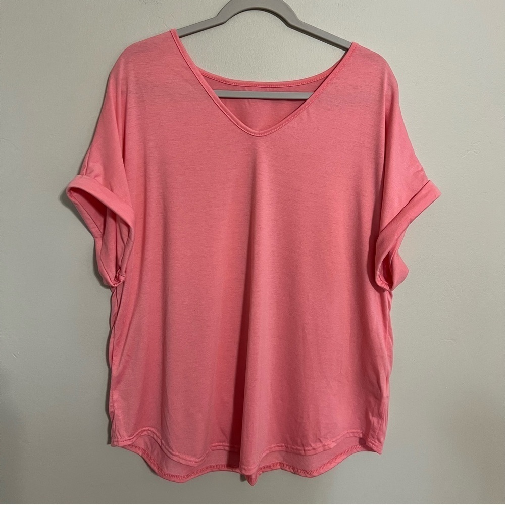 SHEIN Coral V-neck Rolled Short Sleeve Top Tshirt size 1XL
